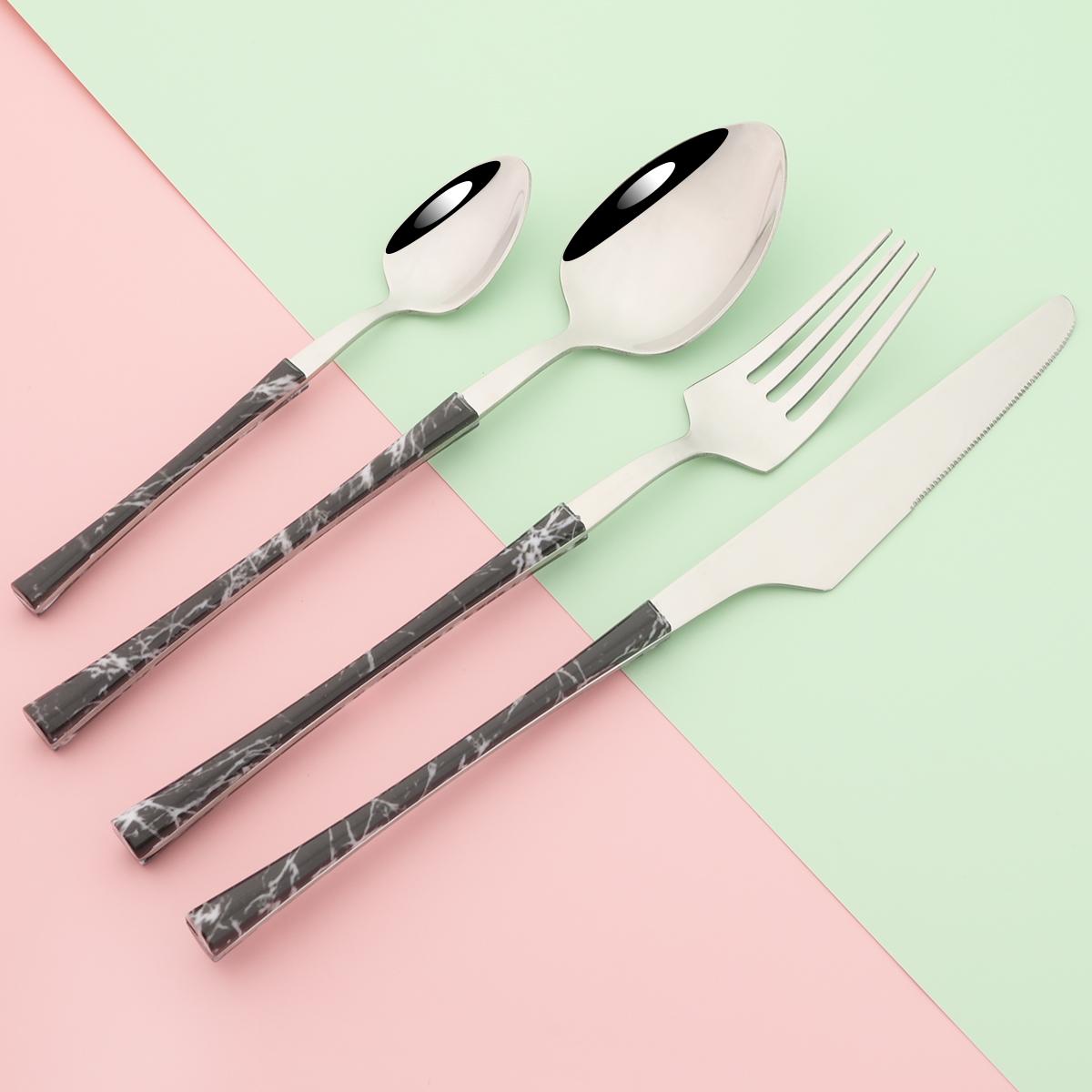 

24 шт., набор столовых приборов из имитации дерева, черная ручка, набор посуды из нержавеющей стали, нож, вилка, чайная ложка, столовая посуда, кухонное серебро Black Silver