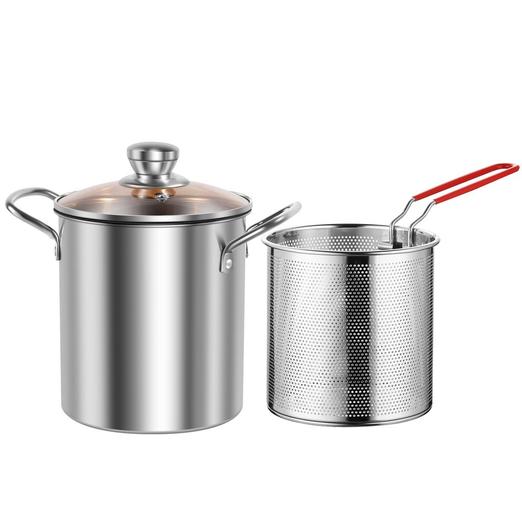 304 Stainless Steel Frying Pan with Basket and Lid Household Food Grade Frying Pan Multifunctional Kitchen Frying Pan