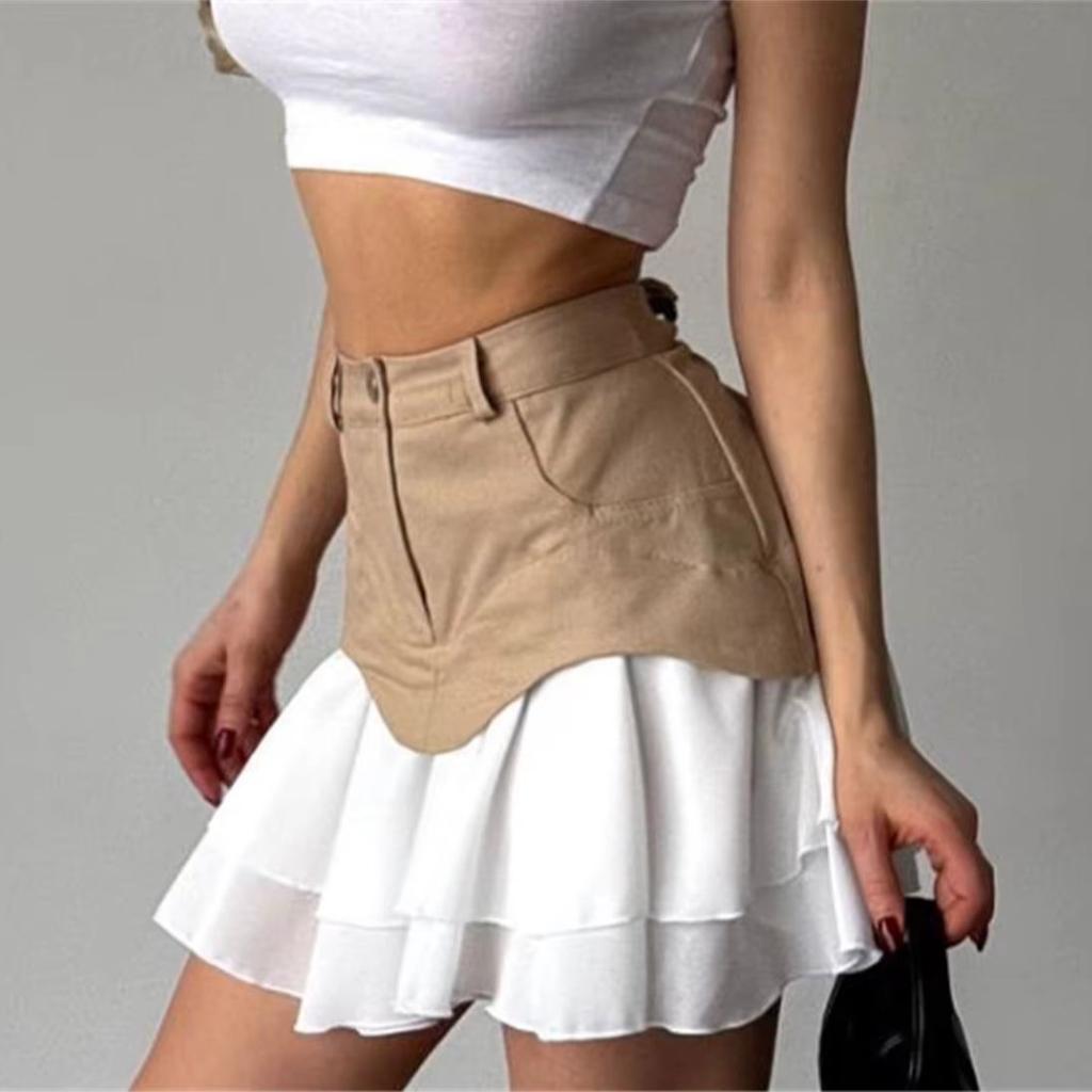 Chic Ruffles Women's Midi Skirt High Waisted Pleated Splice A Line Skirts Fashion Lady Street
