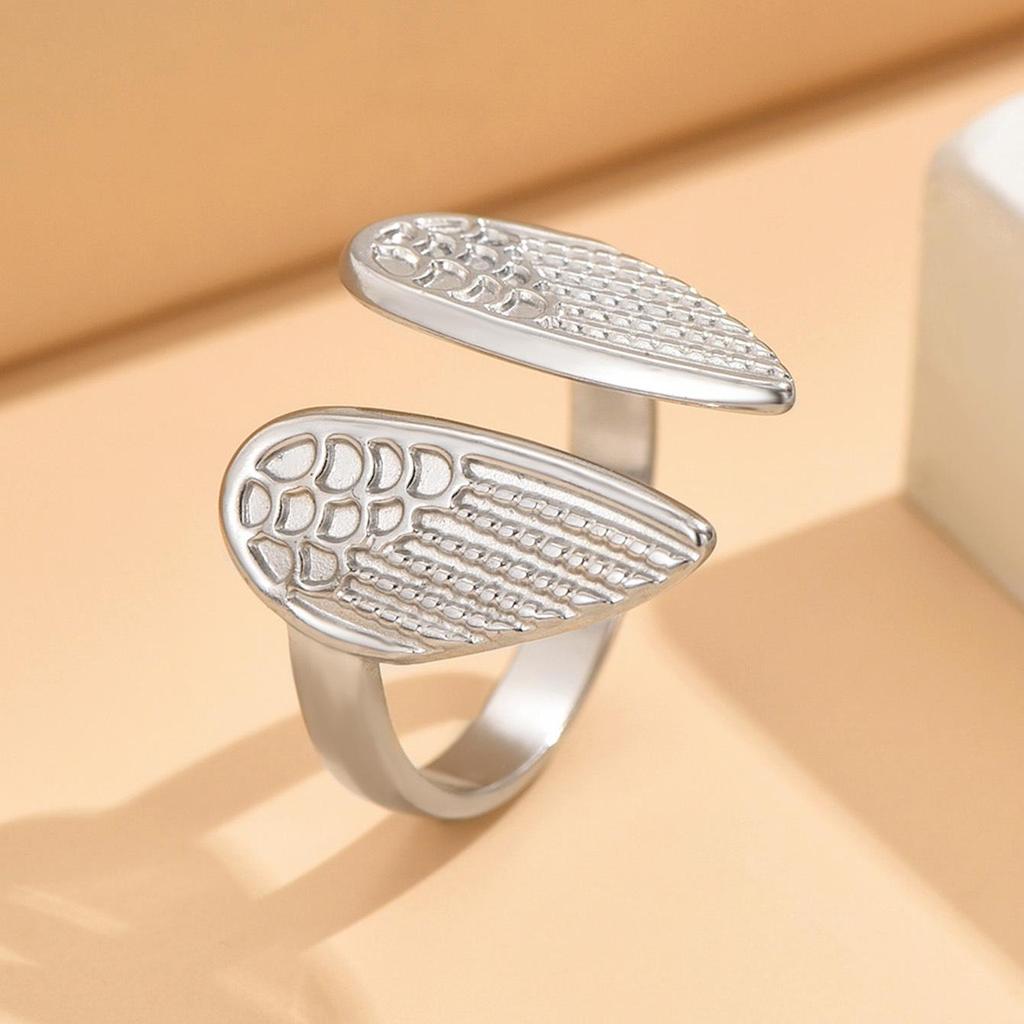 Cross-Border Fashion Angel Wings Stainless Steel Feather Ring - Elegant, Symmetrical, and Adjustable Versatile Jewelry