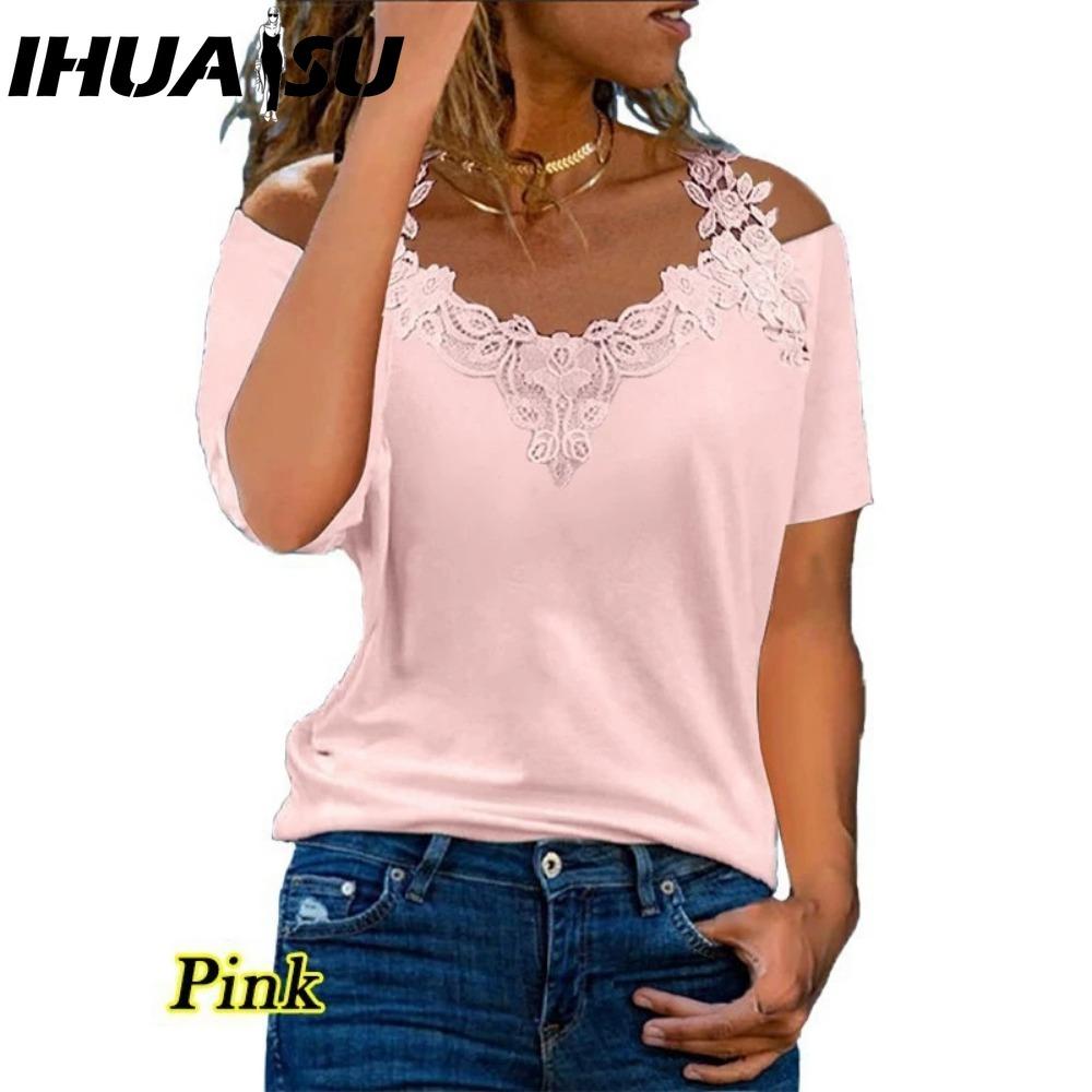 IHUASU Blusas y camisas de manga corta con cuello en V y estampado de color sólido informal a la moda para mujer