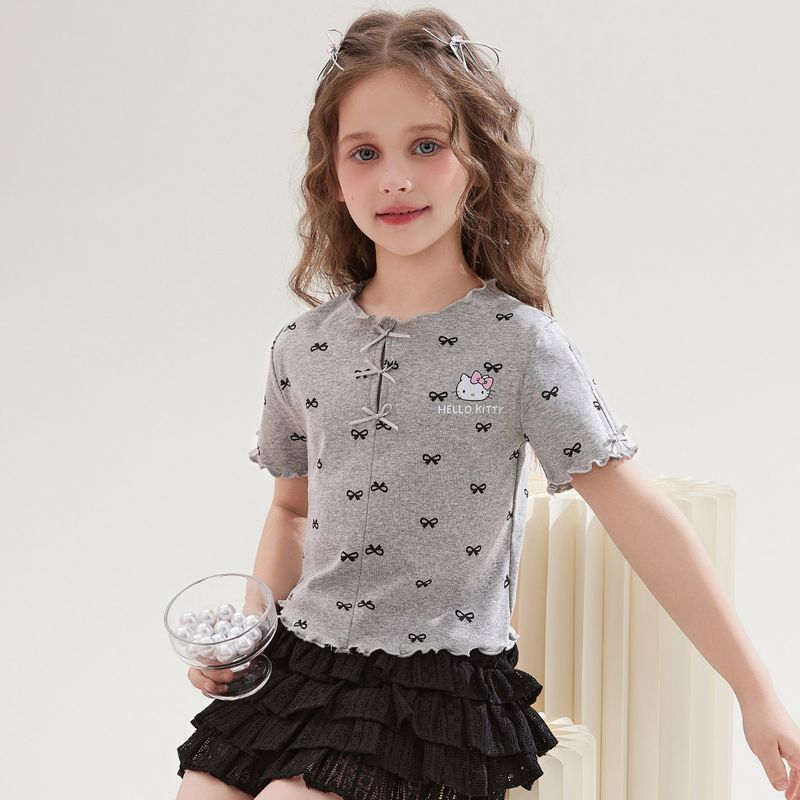 Детская футболка Hello Kitty с коротким рукавом 2025 Новый летний топ в горошек Детская одежда для девочек Модный Gray 110