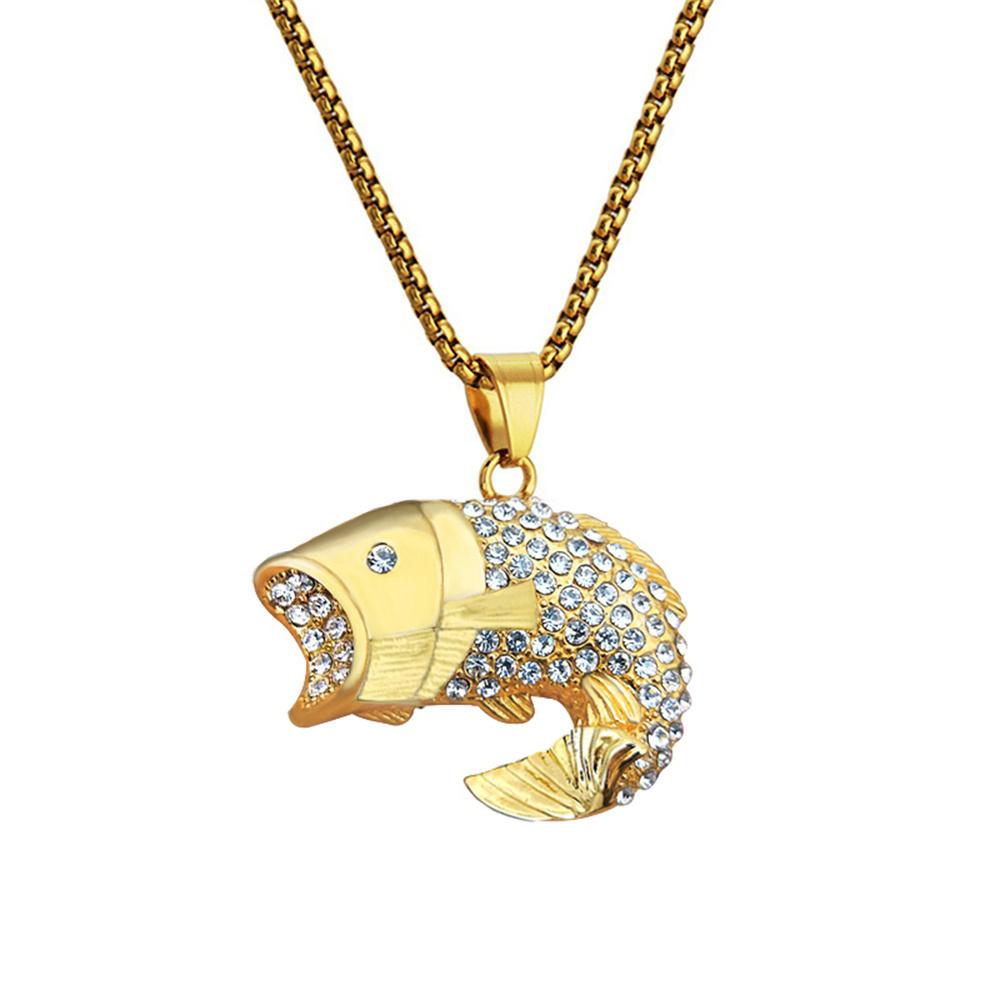 

Hip Hop Ice Out Bling Fish Pendant Gold Color Stainless Steel Ocean Animal Necklace For Woman/Men Cute Fashion Jewelry Gift 50cm