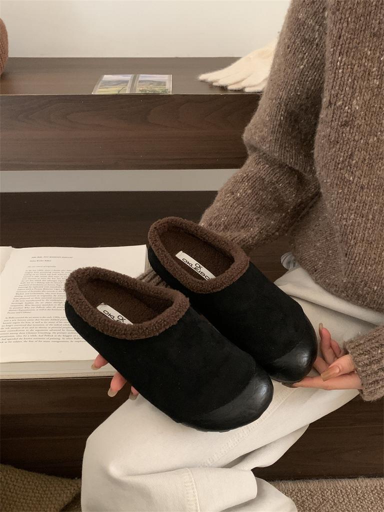 2025 Autumn and Winter Outer Wear Ugly Cute Big Head Female Retro Bag Head Cotton Fluffy Half Slippers Velvet Warm One Pedal Lazy