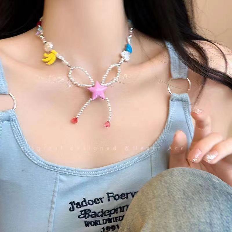 Dopamine Color Beaded Star Necklace Rice Bead Bow Necklace Cute Banana Millennium Y2K Clavicle Chain