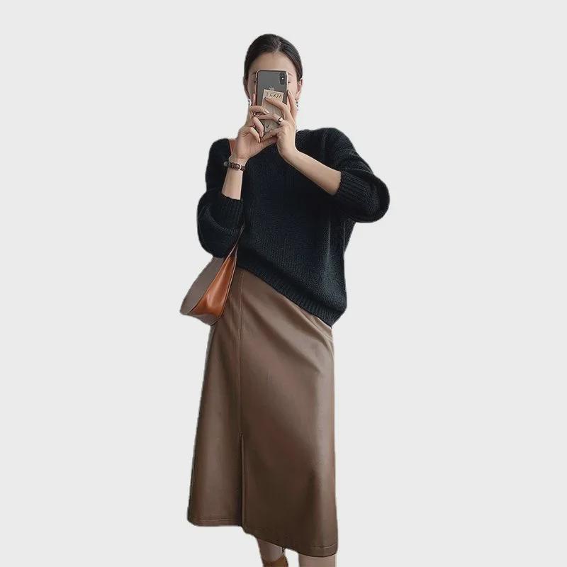 PU Leather A-Line Skirt: Autumn/Winter 2025, Slimming Mid-Length with Slit, Versatile Korean Style for Women
