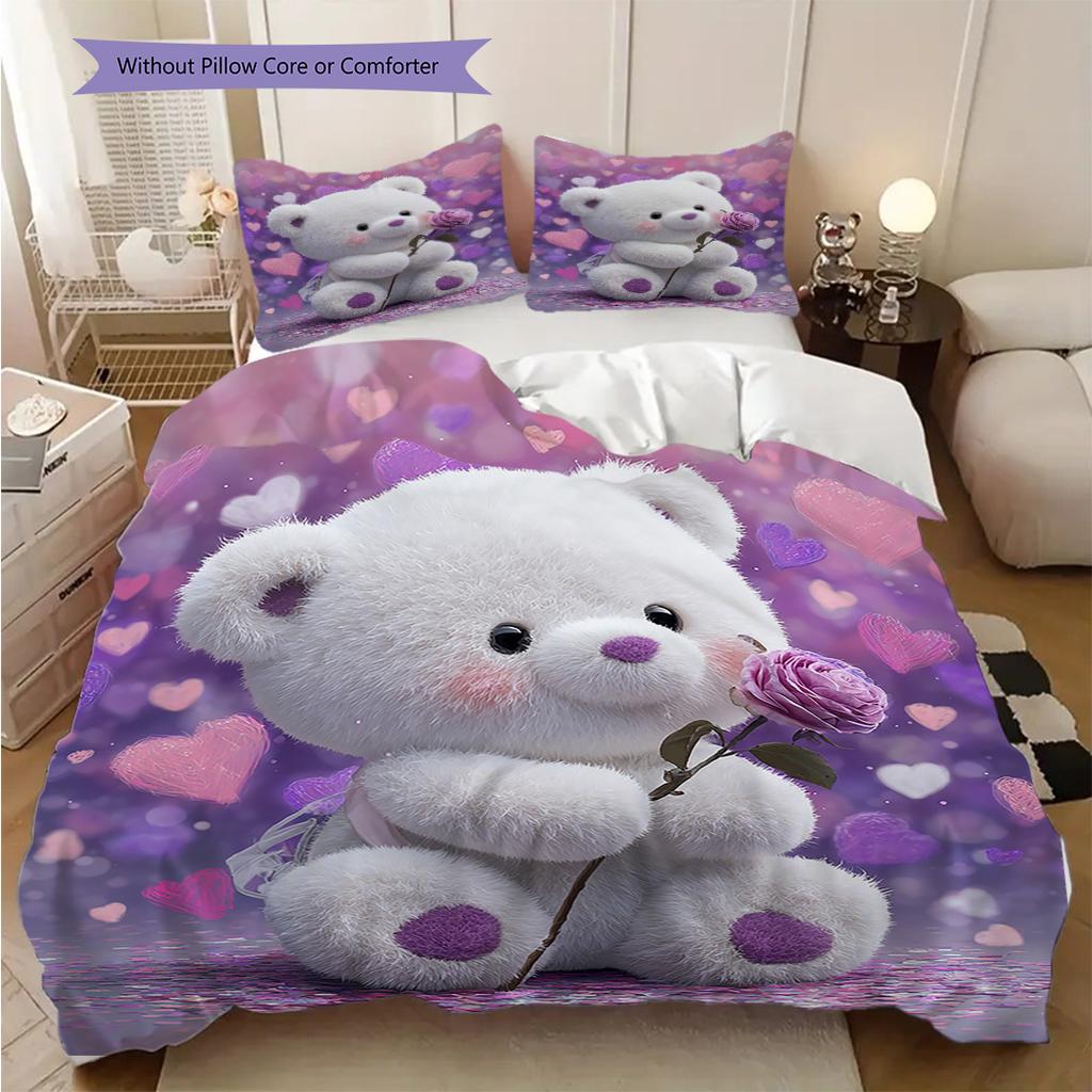 Bear Doll Pattern Bedding Quilt Set Quilt Cover Pillowcase Home Decoration Birthday Gift (1 * Duvet Cover + 2 * Pillowcase, Without Core)