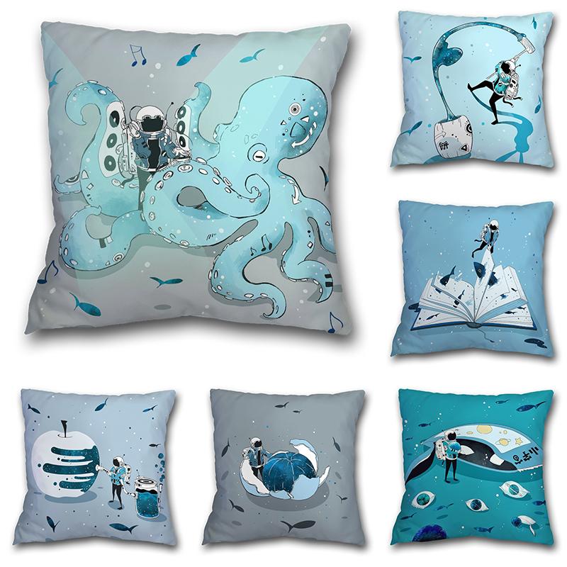 

Creative Spaceman Astronaut Pillowcase Blue Green Cushion Cover Sofa Office Seat Cushion Cover Creative Ornament Home Decoration