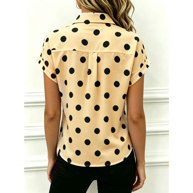 Women Polka Dot Lapel Roll Up Short Sleeve Button Down Casual Loose Blouse Shirt