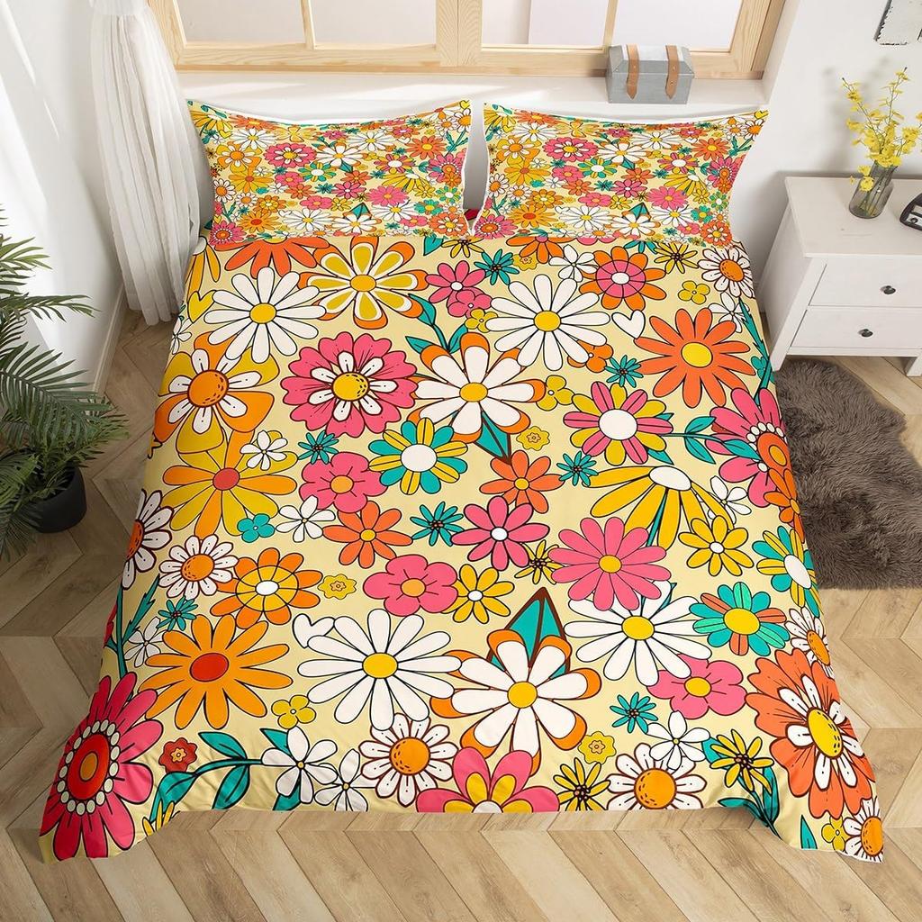 70er Jahre Retro Hippie Bettwäsche Set Groovy Blumen Bettbezug Full Queen für Erwachsene Teenager Boho Vintage Psychedelisch Floral Bettbezug
