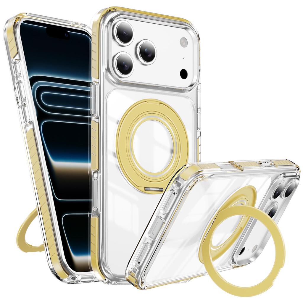 iPhone 17 Pro Max Magnetic Transparent Case with Two-Color Rotating Stand for Apple 16/15 Pro
