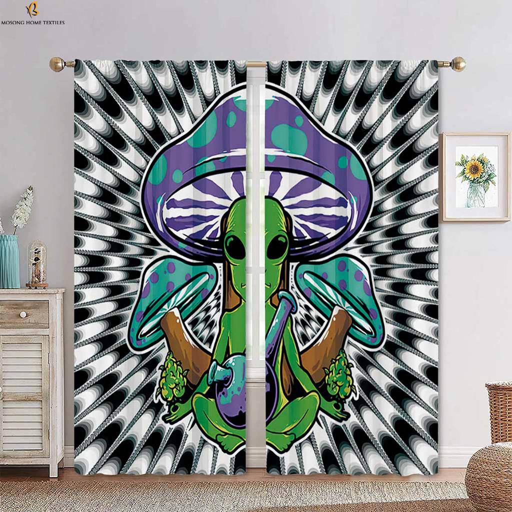 Psychedelic Mushroom Cartoon Print Curtains Polyester Bedroom Living Room Kitchen Decorative Set Of 2 Made Area Decor