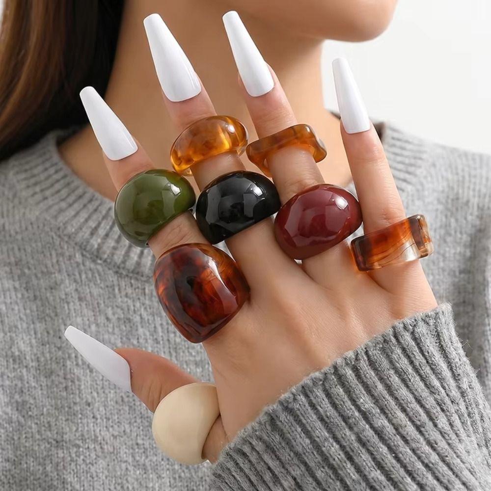 Adjustable Geometric Resin Ring Set Irregular Personality Rings Rural Vintage Resin Rings Women