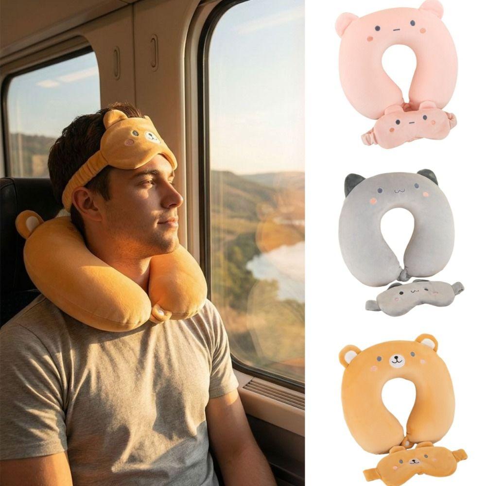 Portable Travel Neck Cushion Support Eye Mask Cartoon Animals Neck Support Pillow  Office Nap