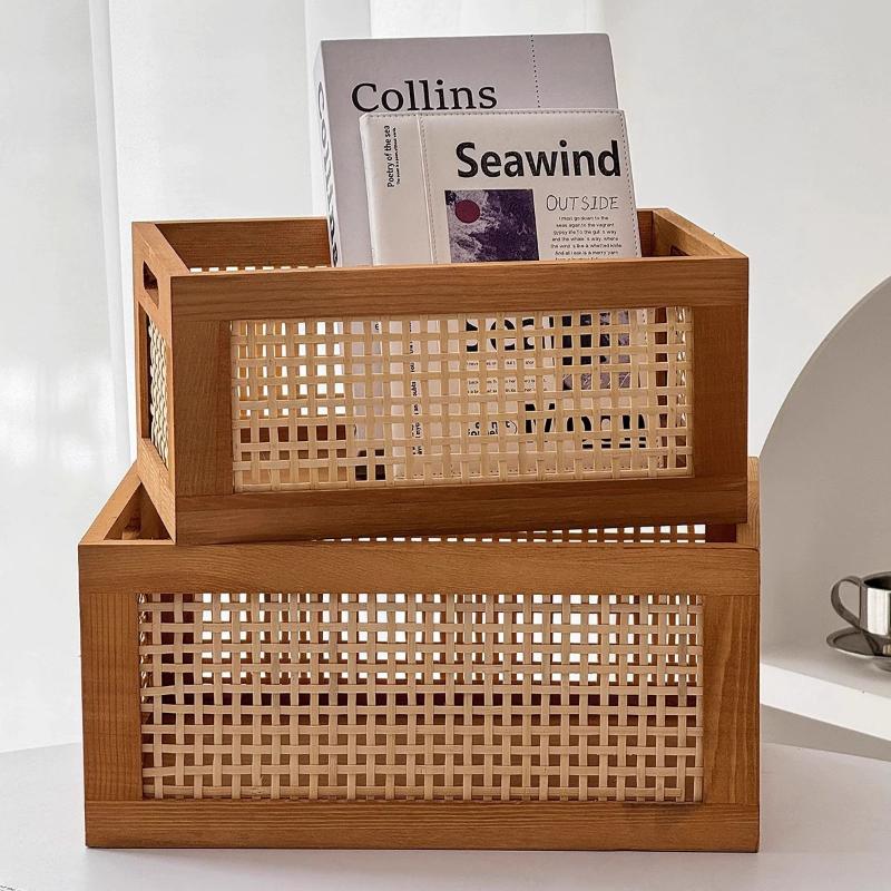 Retro Solid Wood Storage Box with Rattan Accents - Multifunctional Desktop Organizer for Home, Kitchen & Bathroom