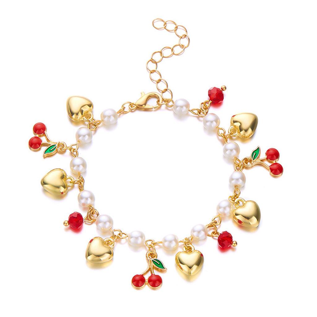 3D Strawberry Cherrys Heart Pearls Beaded Bracelet for Women Adjustable Lovely Vocation Fruit Jewelry Statement Pieces