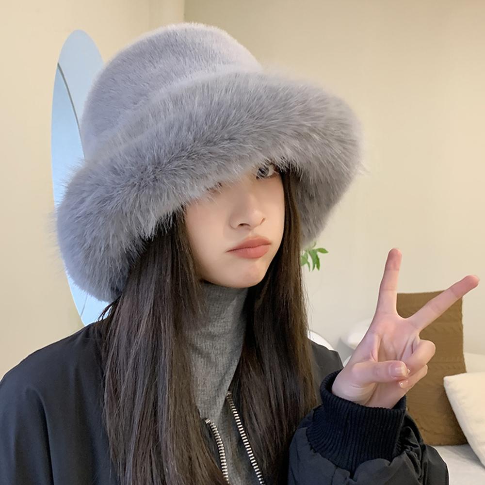 Fashion Big Faux Fur Fluffy Bucket Hat for Women Luxury Plush Winter Hat Thicken Snow Oversized Fur Bucket Hat Soft Panama Cap
