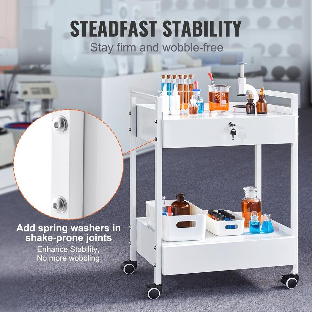 Lab Cart, 2 Tiers Stainless Steel Utility Cart, Medical Cart with 2 Drawers, Rolling Lab Cart White Paint, Serving Cart with Swivel Casters for