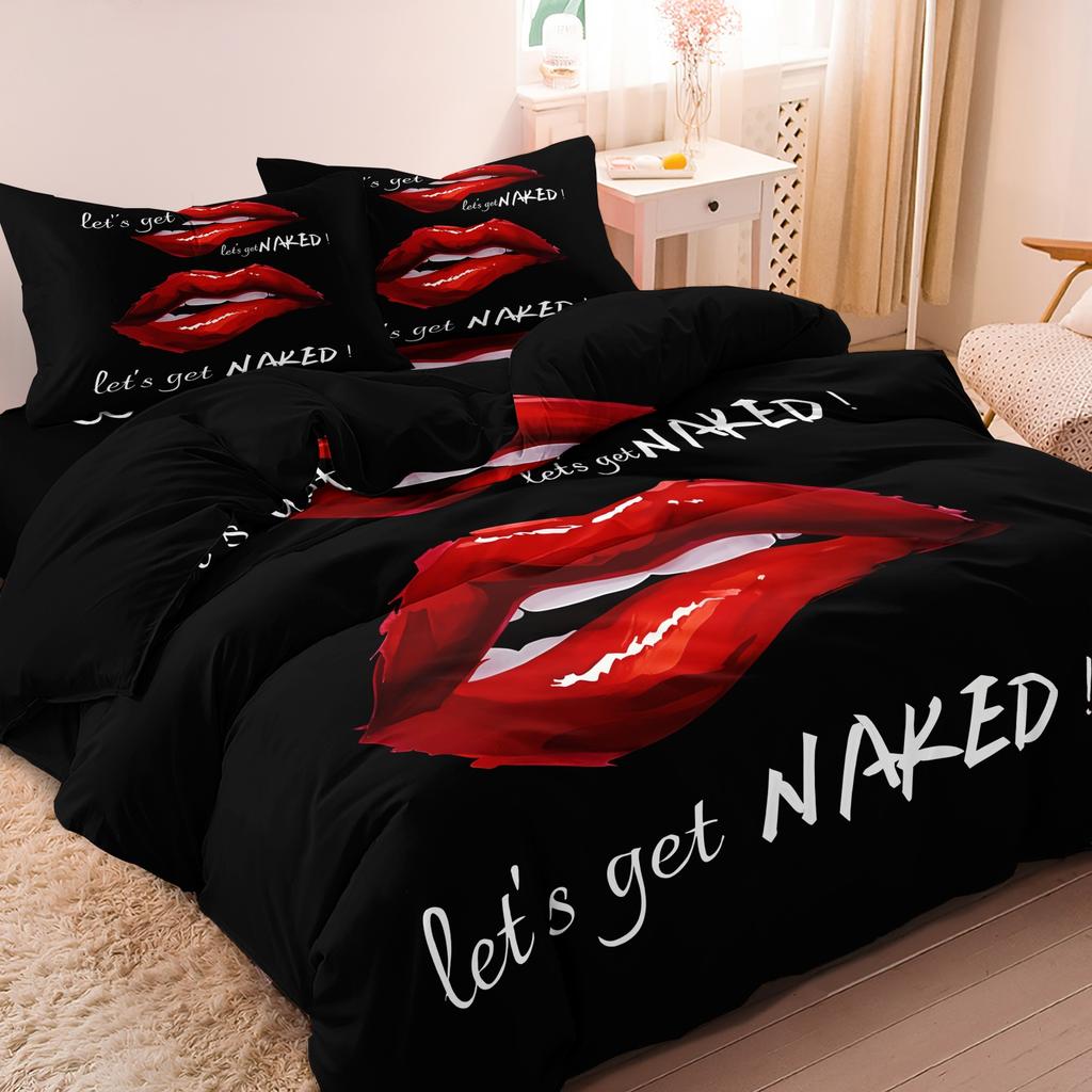 3pcs Crimson Kiss Sketch Romantic Love Couple Printed Bedding Duvet Cover For Bedroom (1* Duvet Cover+2* Pillowcase No Core)