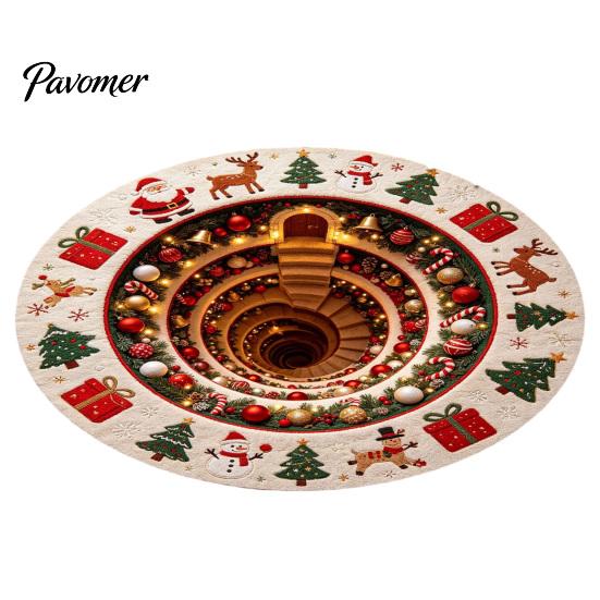 Unique Seasonal Gift Rugs Christmas Round Area Rug, 3D Visual Trap Floor Mat with Santa Elk Print, Soft Crystal Velvet Carpets Non-Slip Stain