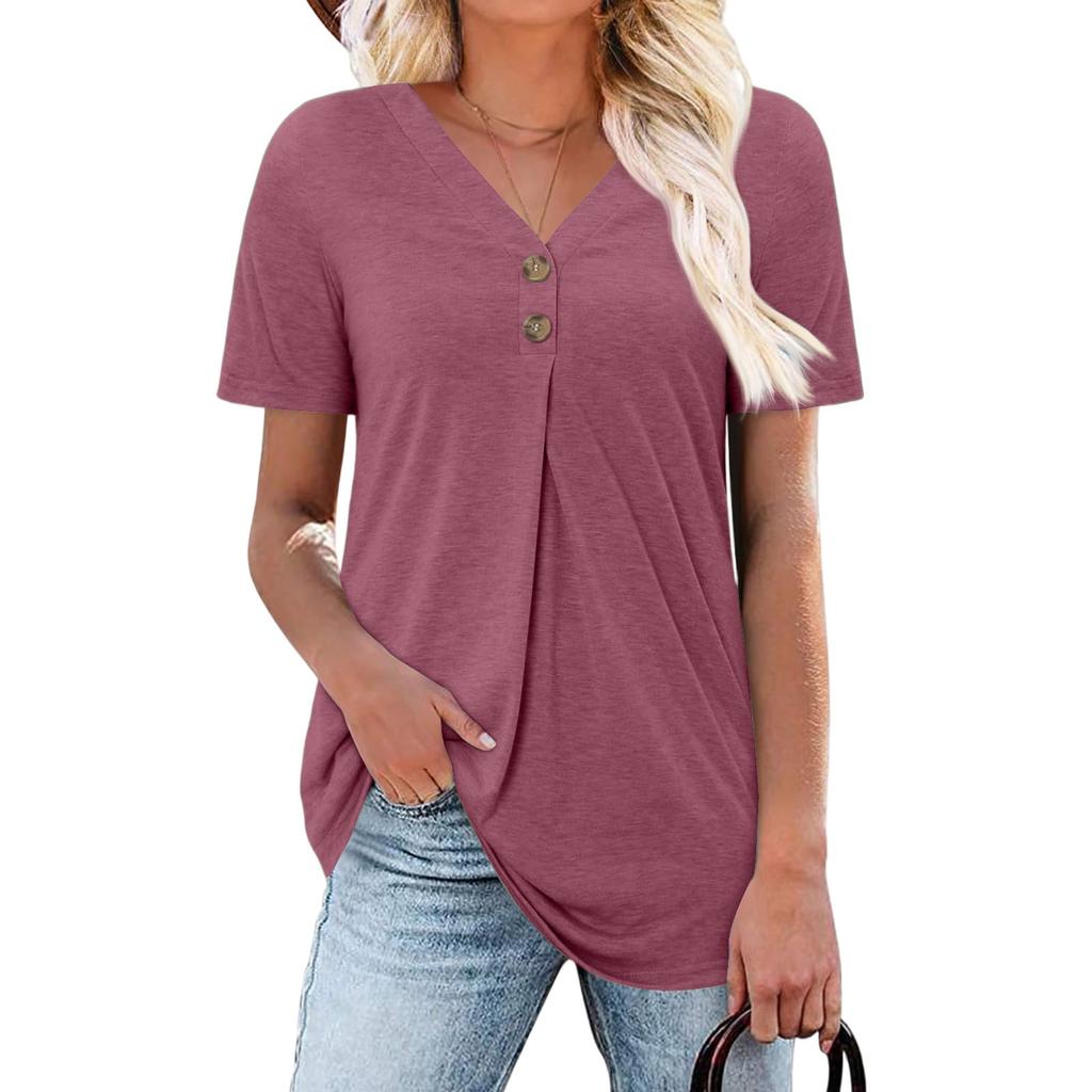 Women's Fashion Casual Short Sleeve Buttoned V-Neck T-Shirt Top
