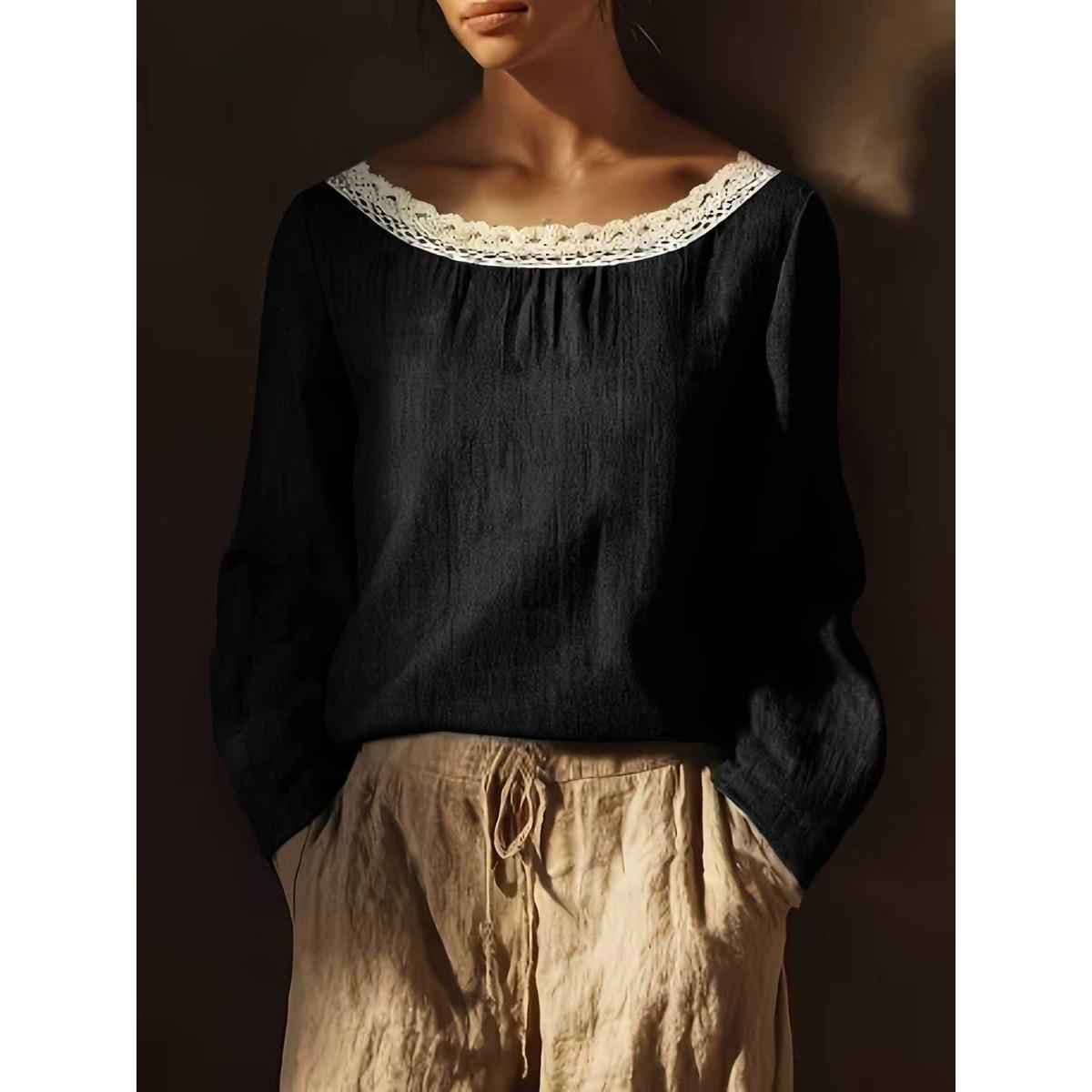 

Spring Summer Solid Color Crew Neck Lace Linen Long Sleeve Women s Blouse S чёрный