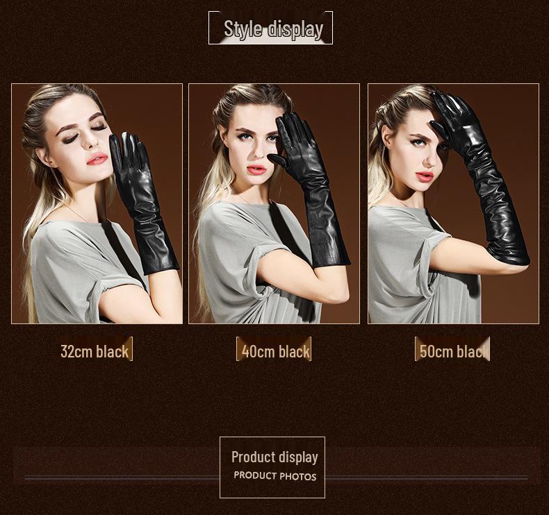Women's Long Lambskin Gloves - Winter Velvet Warm Touchscreen Arm Cover, Korean Style