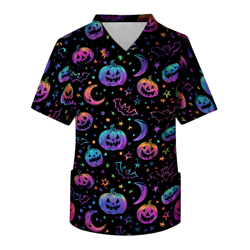 Men's Short Sleeve V-Neck Halloween Print Scrub Top with Chest Pocket for Work Uniform