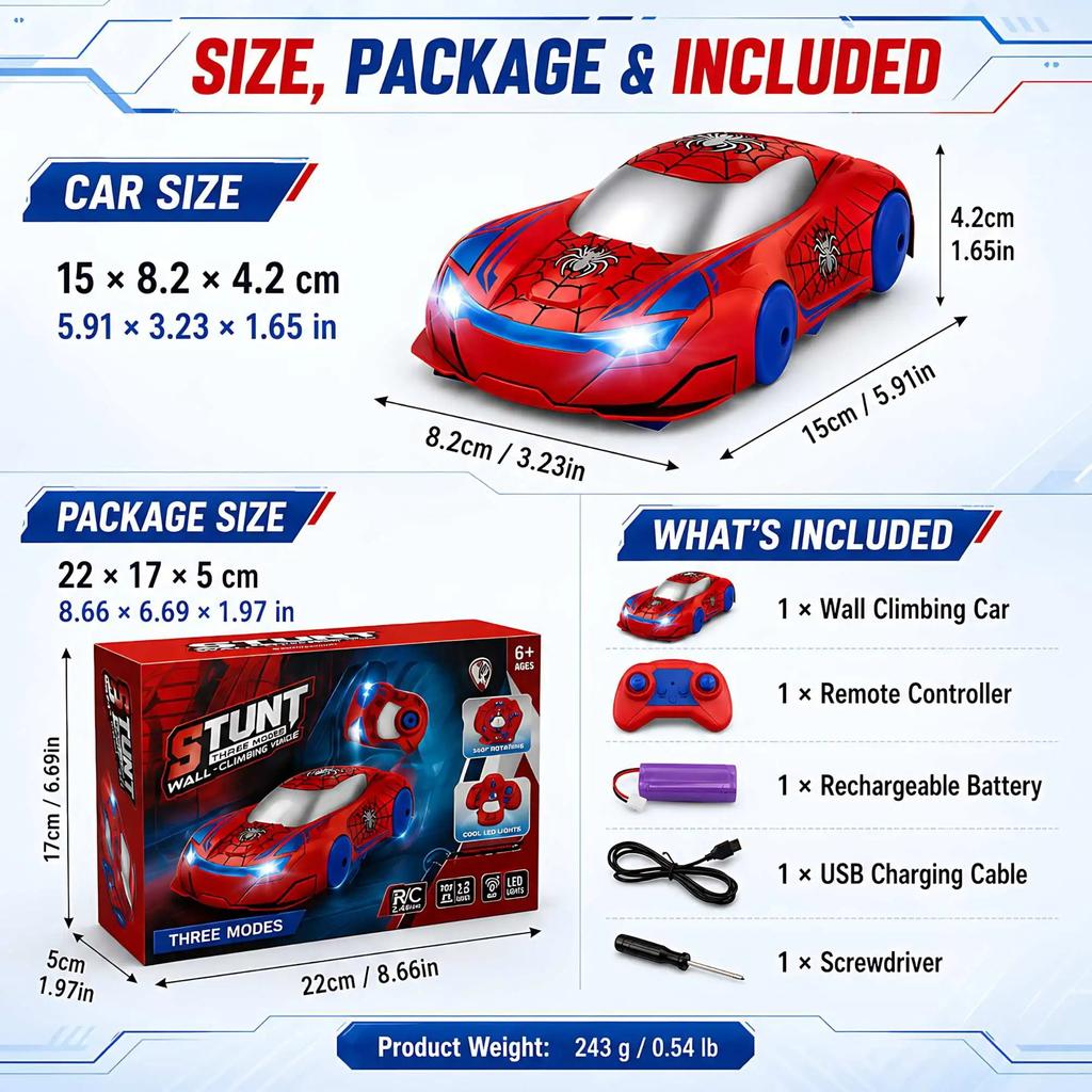 Anti Gravity Wall Climbing Car Remote Control Stunt Race Car 360 ° Rotation LED Light USB Rechargeable Indoor Toy Kids Gift