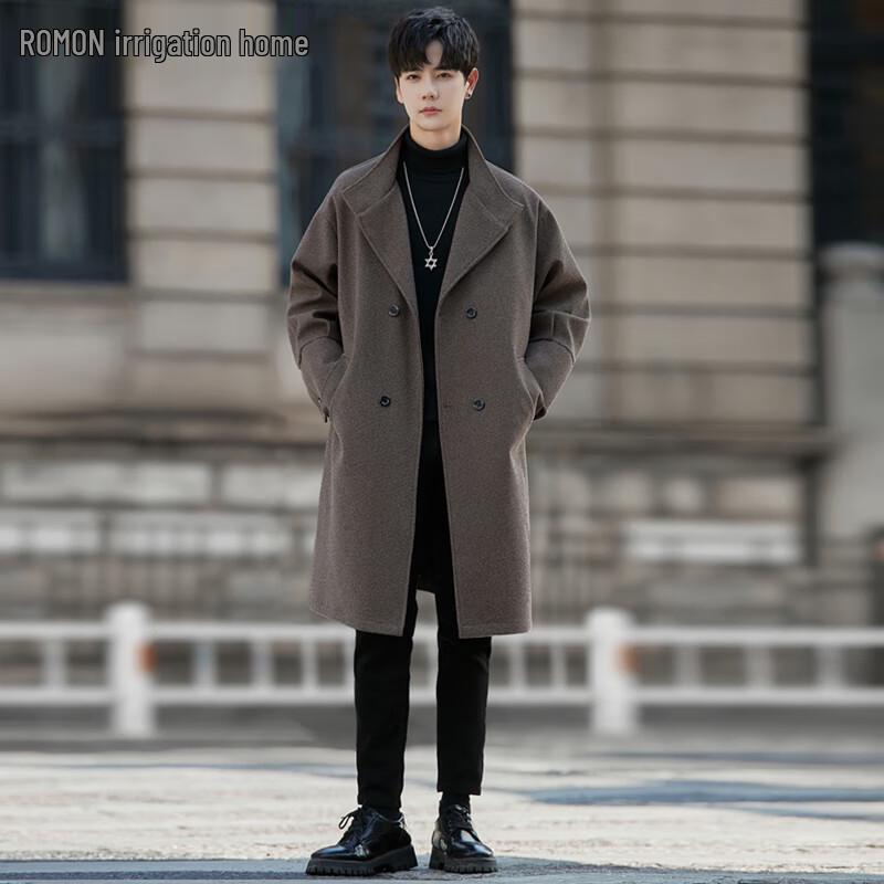 ROMON Men's Mid-length Wool Blend Trench Coat