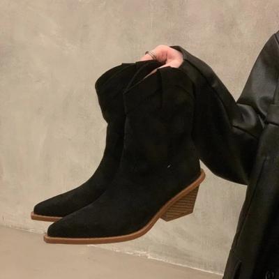 Shoes Female  Brand Slip-on Women's Boots Fashion Solid Modern Boots Women Sexy Pointed Toe Square Heel Mid-Calf Shoes Women