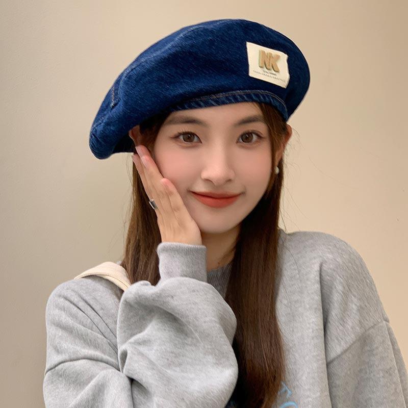 New Blue Denim Beret Women's Summer Autumn Big Head Circumference Showing Face Small Painter Hat Retro Octagonal Hat