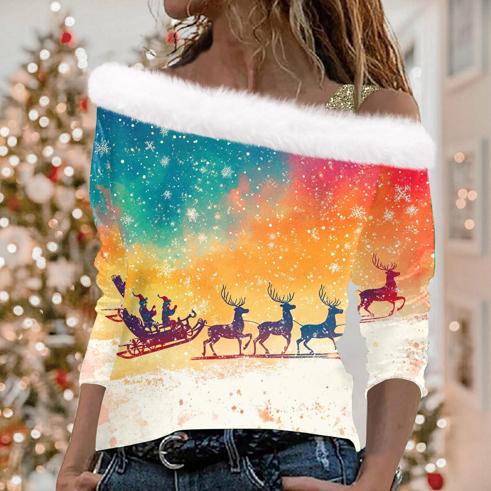 

Женский повседневный модный топ с длинными рукавами и открытыми плечами с рождественским принтом из плюша S