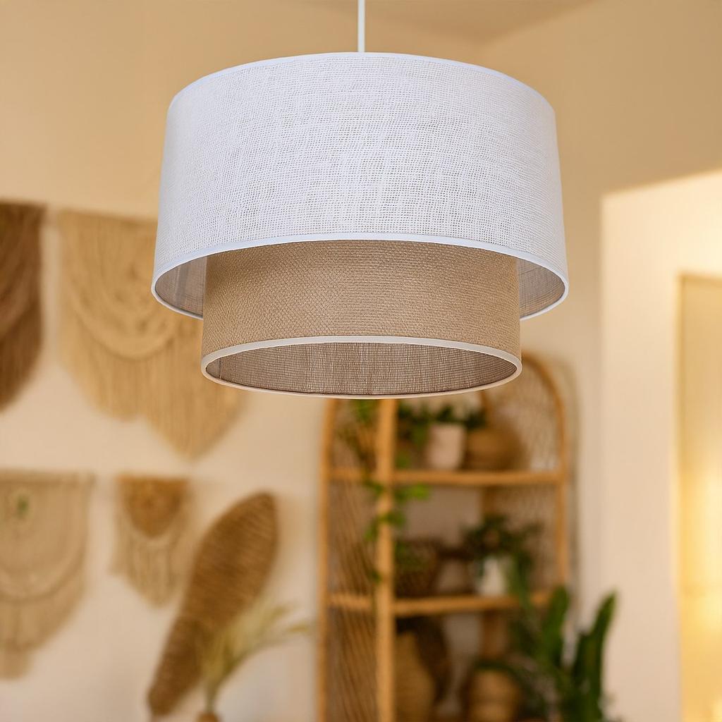 Lampa Wisząca Skandynawska Jutowa Podwójny Abażur Biało-Beżowa 1Xe27 60W Bueno Milagro