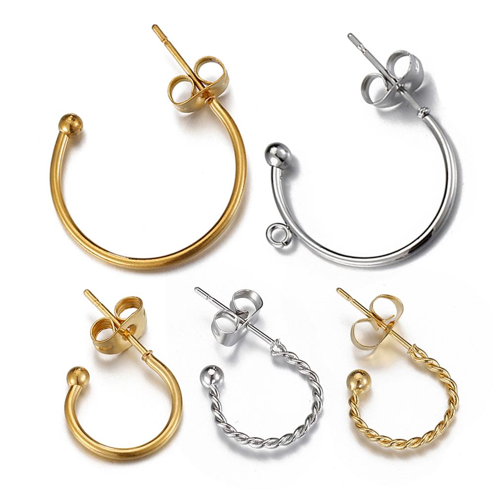 10pcs Stainless Steel Gold Plated C Shape Huggie Earring Posts Anti-allergy Stud Earrings Components for DIY Women Jewelry Gifts