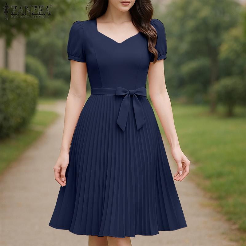 ZANZEA Kobieca Letnia Sukienka Casual z Kwadratowym Dekoltem i Krótkim Rękawem