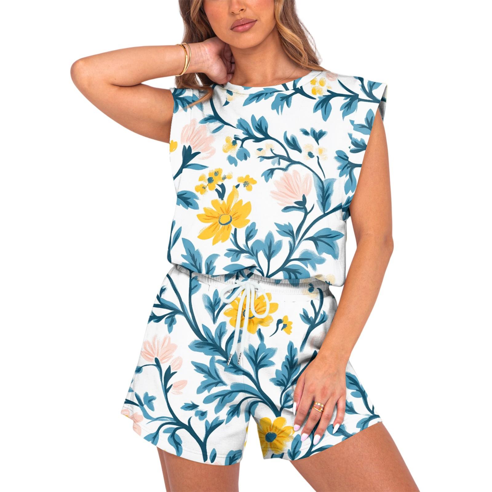 

Женский комбинезон с цветочным принтом, весна-лето, рукава-крылышки, регулируемая талия на шнурке, удобный повседневный короткий комбинезон с карманами XL небесно-голубой