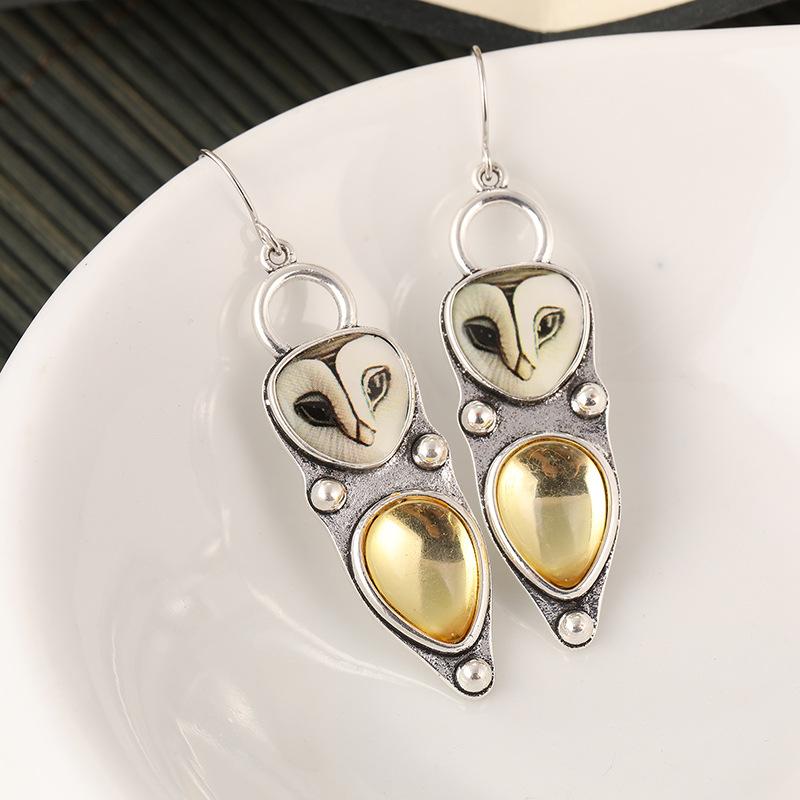 Retro Silver Barn Owl Dangle Earrings Natural Yellow Citrine Inlay Daily Wear Party Gift For Womenn