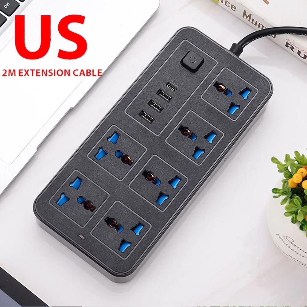 2m Extension Cord Power Multi Tap Multi Ports AC Sockets & 3 USB Electrical Socket Type C Smart Home EU US UK Universal Plug
