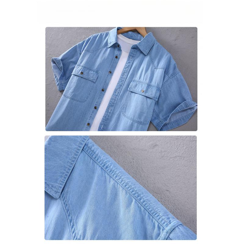 Summer New Vintage Artistic Men'S Short-Sleeve Denim Shirt Solid Color Lapel Collar Loose Casual Versatile Shirt