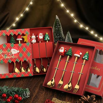 Stainless Steel Christmas Cutlery Gift Set Fruit Fork Coffee Spoon Cartoon Rose Gold Metal Accessories Kitchen Table Decoration