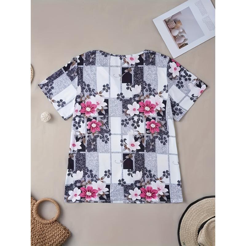 Directional Casual Zipper V-neck Short-sleeved Printed T-shirt with High Elasticity