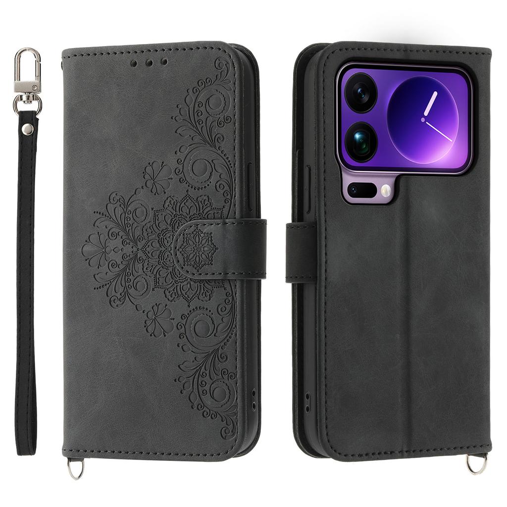 For Xiaomi 17 Pro Max Case Flower Pattern PU Leather Wallet Phone Cover with Strap