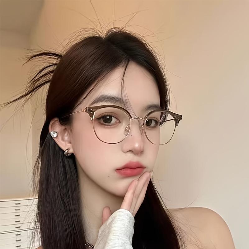 Minimalist Half Rim Round Frames Fashion with Elegant Ear Studs Stylish Eyeglasses Minimalist Style Elegant Eyeglasses