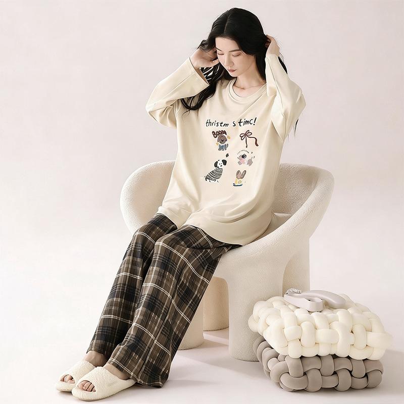 Milk Coffee Puppy Cartoon Pajamas Women's Spring and Autumn Plaid Long Suit Cotton Casual Can Be Worn Outside Women's Loungewear