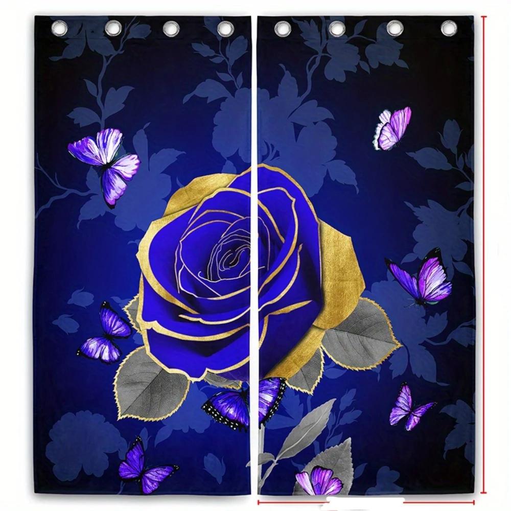 Blue Rose Butterfly High Shading Curtains Fashionable Printed Curtain for Bedroom Kitchen and Living Room Home Decor 2 Panels