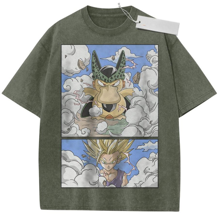 Unisex Washed Beige Vintage Tshirt Dragon Ball Cell Gohan Super Saiyan Highquality Fabric for Home Leisure Travel Shopping