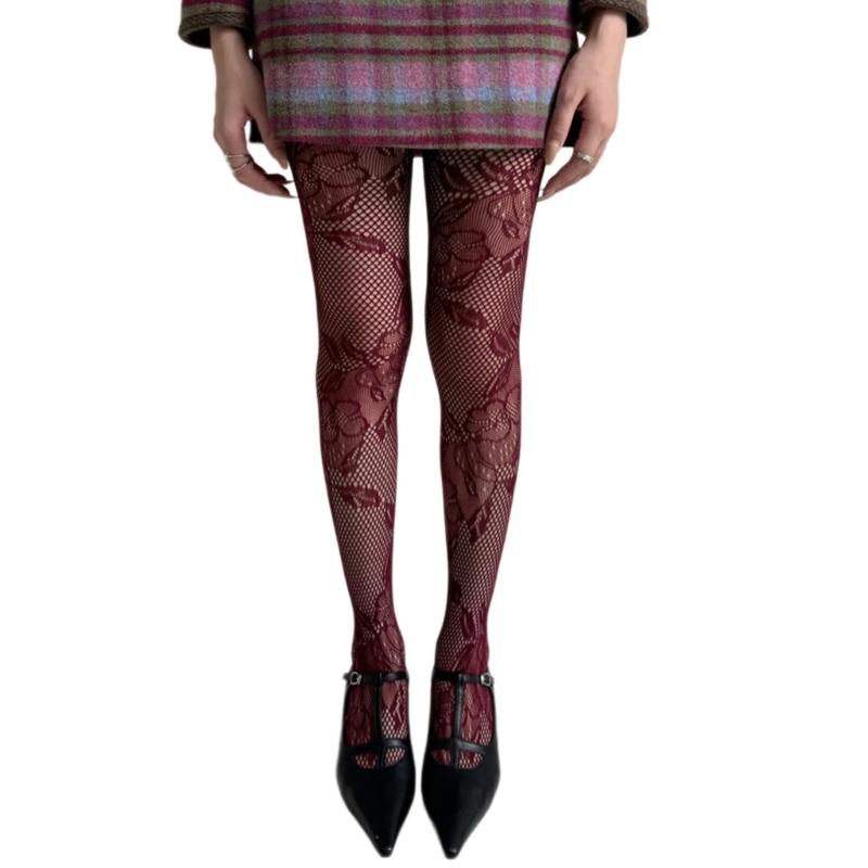 Women See Through Fishnet Mesh Pantyhose Stockings Aesthetic Elegant Hollowed Flower Patterned Tights Leggings Hosiery