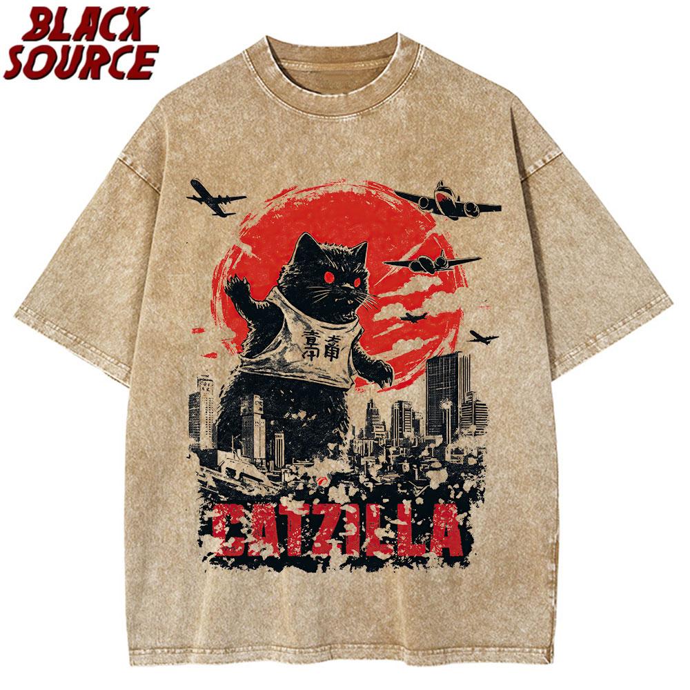 Funny Catzilla Japan Cat Kitten Lover Men T Shirt Male Casual Tees Summer Oversized Tshirt Shirt Men Cotton T-shirt