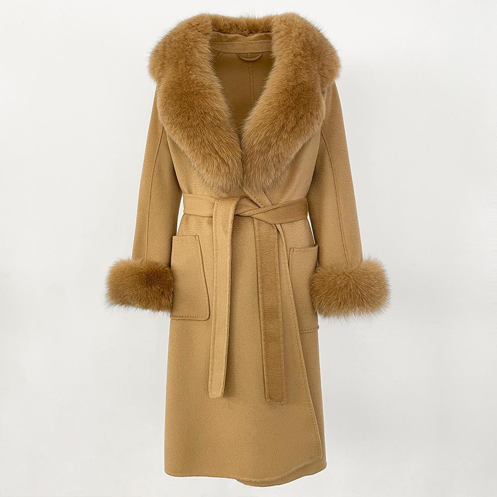 MENINA New  Autumn Winter Fashion 100% Wool Water-Corrugated Woolen Coat with Detachable Fox Fur Collar Women Daily Casual Wear